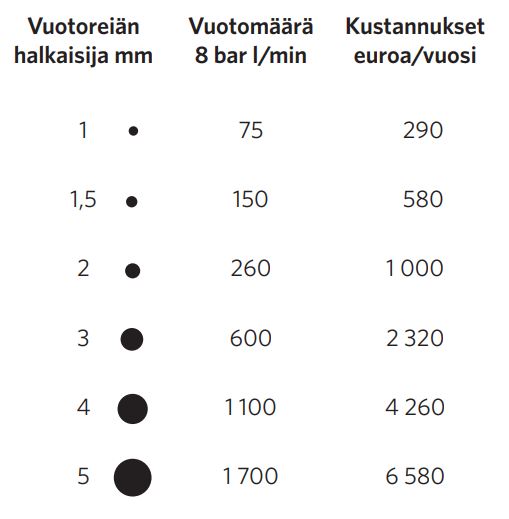 Kuvassa esitetään erikokoisia vuororeikiä 1 millimetrin halkaisijasta 5 millimetrin jalkaisijaan sekä niiden vuotomäärät ja vuodosta aiheutuneet kustannukset vuodessa. Esimerkiksi 5 millimetriä halkaisijaltaan olevan reiän vuodon vuotuiset kustannukset voivat olla 6580 euroa.